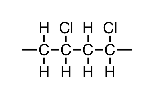 En bit av en polymer, som byggs upp av kloreten polychlorethen